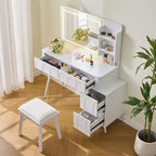 GDFStudio Rajiv Set Toeletta Moderno con Sgabello in Ecopelle, Specchio Illuminato a 3 Colori e Mobile Laterale Mobile