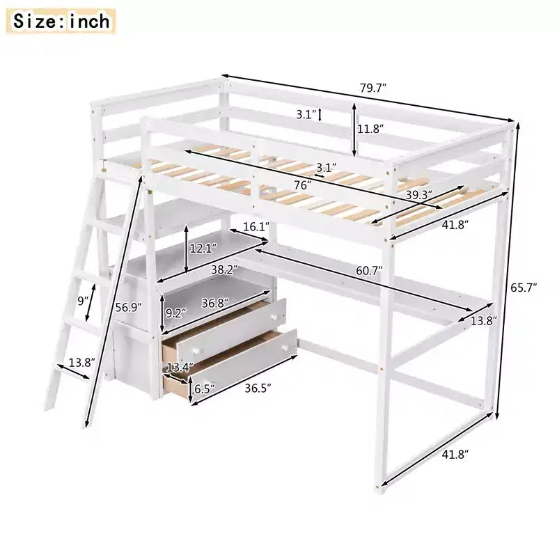 Letto a soppalco GDFStudio Garcia in legno con scrivania e mensole, due cassetti integrati