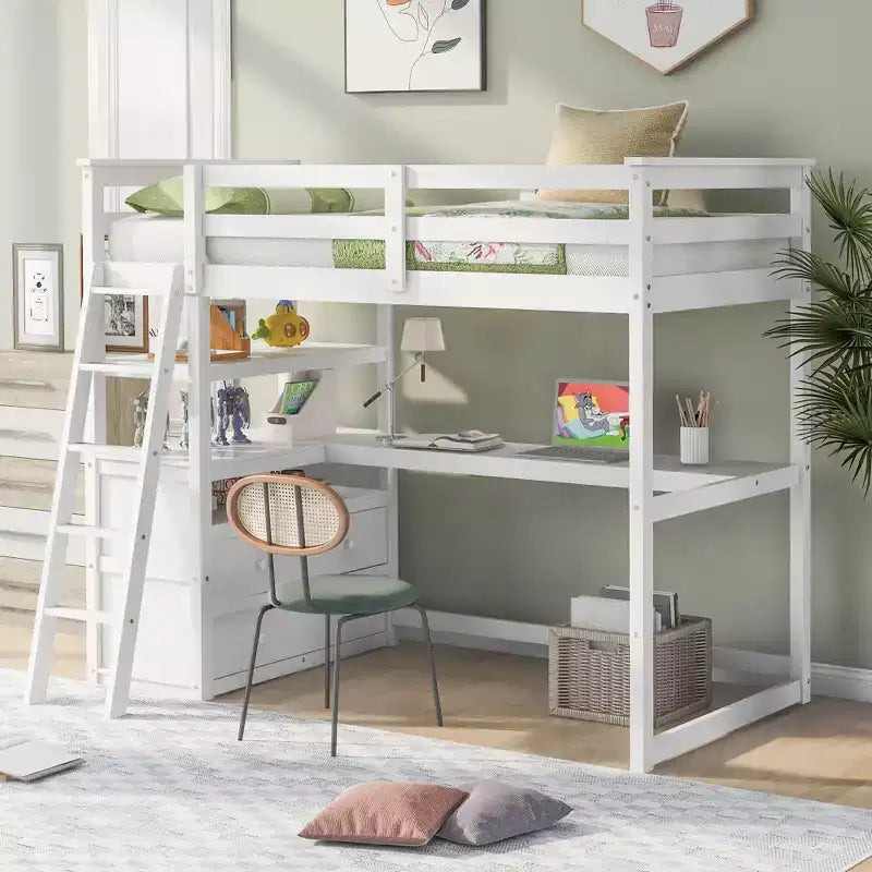 Letto a soppalco GDFStudio Garcia in legno con scrivania e mensole, due cassetti integrati