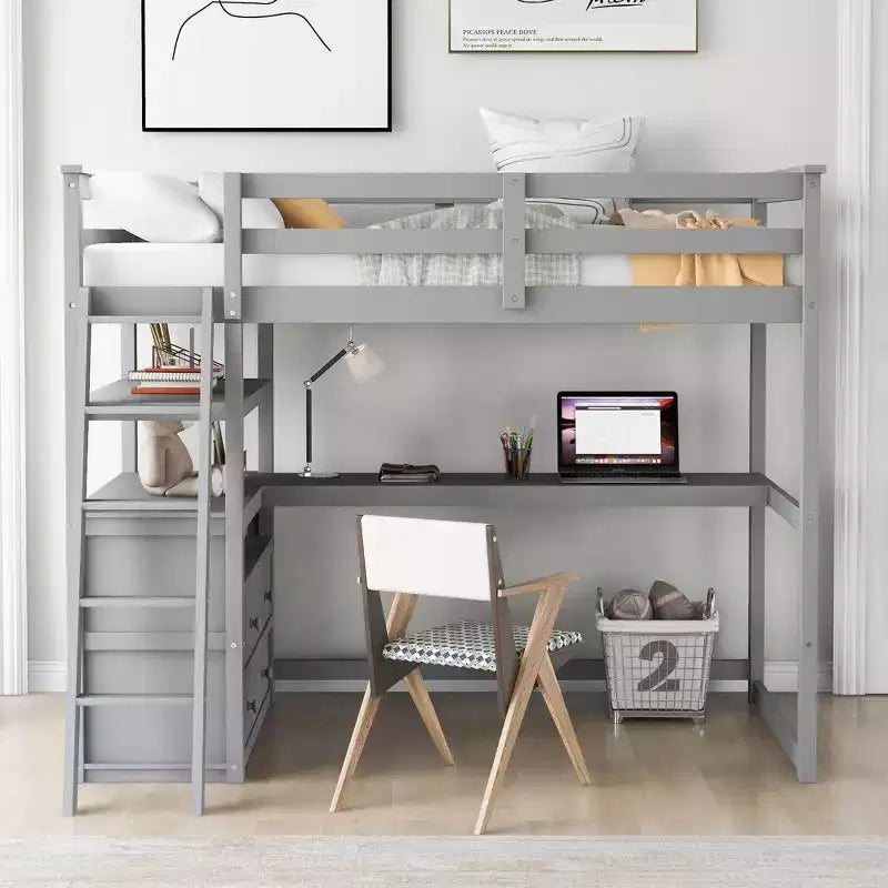 GDFStudio Garcia Wood Loft Bed with Desk and Shelves, Two Built-in Drawers
