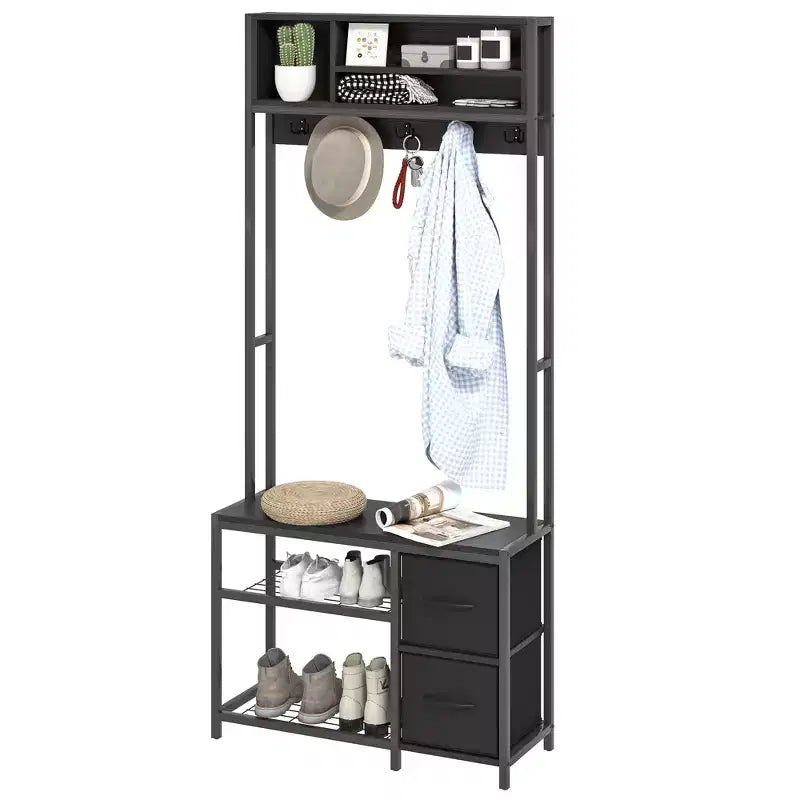 Hall Tree with Bench and Shoe Storage Entryway Coat Rack with Hooks Shelves Fabric Drawers