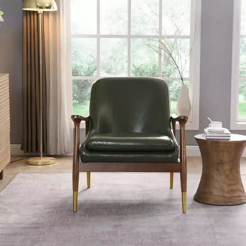 Poltroncina accentata in similpelle Mid-Century con piedini con punta in ottone, sedia di lusso per soggiorno, camera da letto o appartamento - Panipeachy