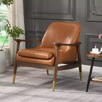 Mid-Century Faux Leather Accent Chair with Brass-Tipped Feet, Luxurious Side Chair for Living Room, Bedroom, or Apartment-Panipeachy