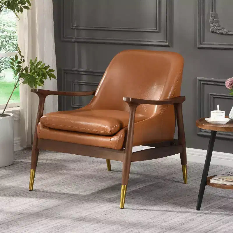 Mid-Century Faux Leather Accent Chair with Brass-Tipped Feet, Luxurious Side Chair for Living Room, Bedroom, or Apartment-Panipeachy