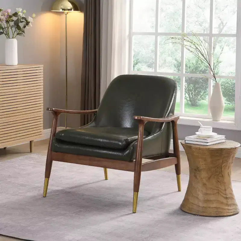 Poltroncina accentata in similpelle Mid-Century con piedini con punta in ottone, sedia di lusso per soggiorno, camera da letto o appartamento - Panipeachy