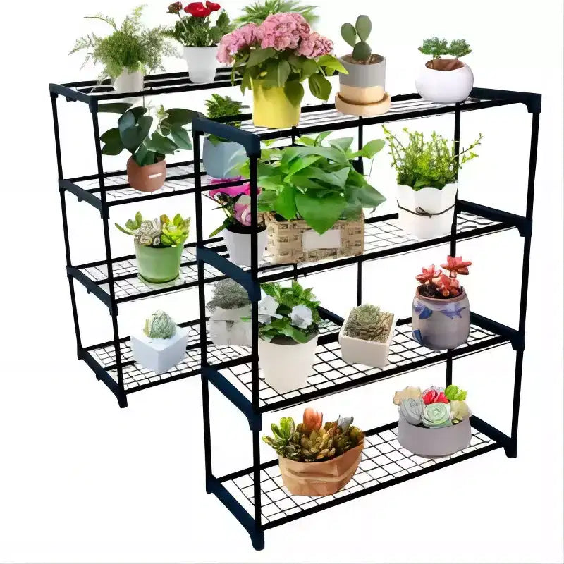 4 Tier Plant Stand Storage Shelf Iron Frame and PP Shelves with Thick Straps, Dark Green Outdoor Indoor Shelving Unit