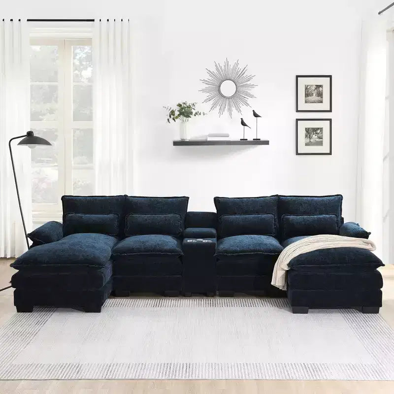 Divano componibile a U moderno GDFStudio Parker 123 in ciniglia con console e doppia chaise longue