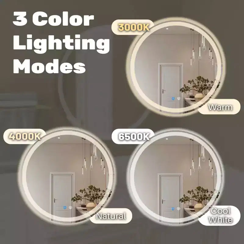 Specchio da bagno LED intelligente antiappannamento MAYEERTY da 24 pollici, circolare con doppia illuminazione, temperatura colore a 3 tonalità, funzione memoria e dimmerabile