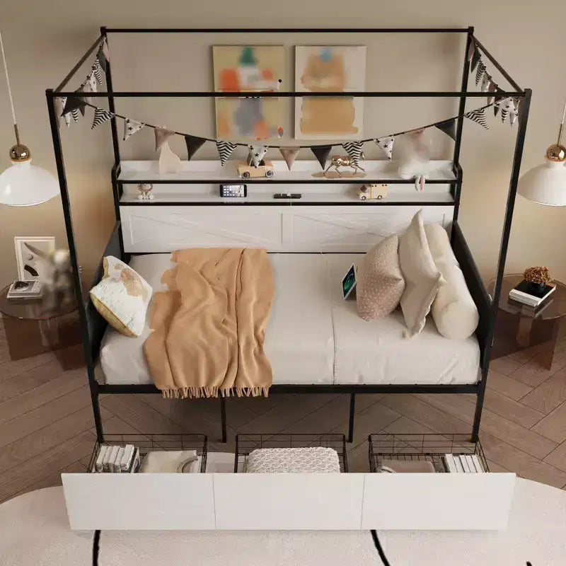 Divano Letto Singolo con Letto Estraibile, Struttura in Metallo con Stazione di Ricarica, Base Letto a Piattaforma per Soggiorno Camera Ospiti, Supporto a Doghe Metalliche, Nero