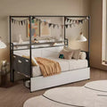 Twin Size Daybed with Trundle, Metal Bed Frame with Charging Station, Platform Bed Frame for Living Room Guest Room, Metal Slats Support, Black