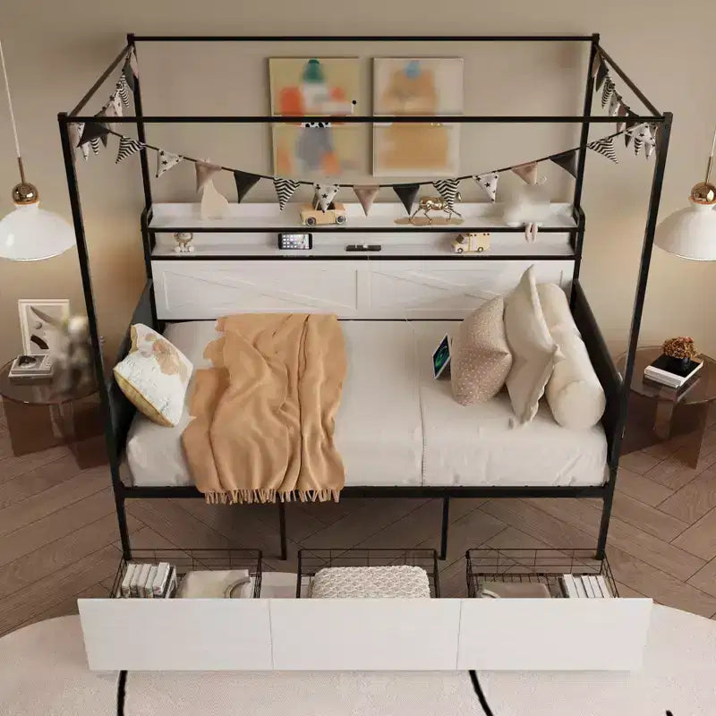 Divano Letto Singolo con Letto Estraibile, Struttura in Metallo con Stazione di Ricarica, Base Letto a Piattaforma per Soggiorno Camera Ospiti, Supporto a Doghe Metalliche, Nero