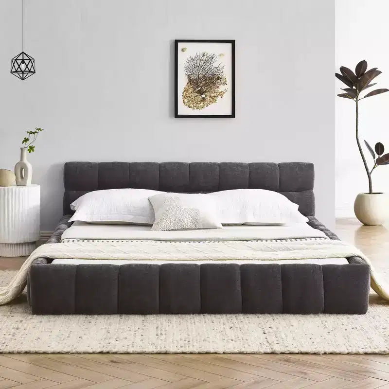 MAYEERTY Queen Size Upholstered Bed Frame with Headboard Solid Frame Chenille Fabric Dark Gray