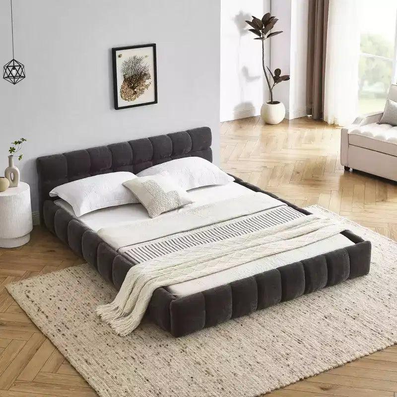 MAYEERTY Letto imbottito Queen Size con testiera, struttura solida, tessuto ciniglia grigio scuro