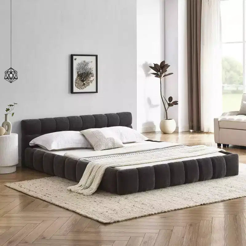 MAYEERTY Letto imbottito Queen Size con testiera, struttura solida, tessuto ciniglia grigio scuro