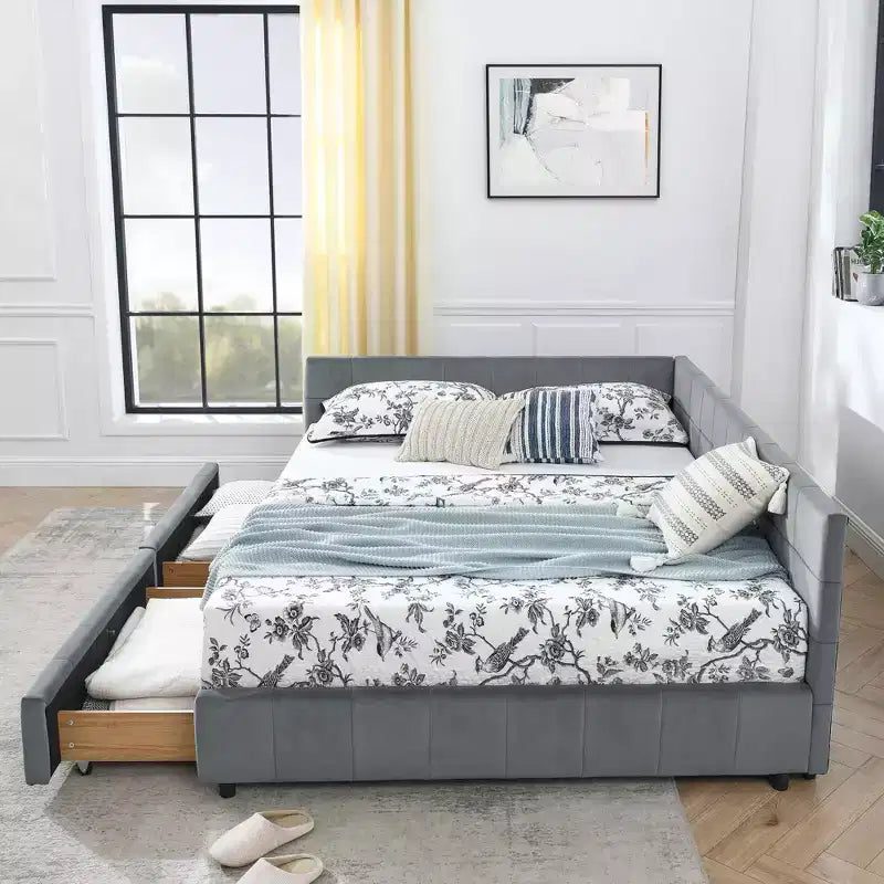 MAYEERTY Letto imbottito Queen Size con vano contenitore, testiera e braccioli, per camera da letto, Grigio
