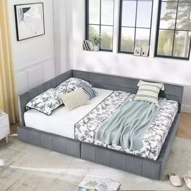 MAYEERTY Letto imbottito Queen Size con vano contenitore, testiera e braccioli, per camera da letto, Grigio