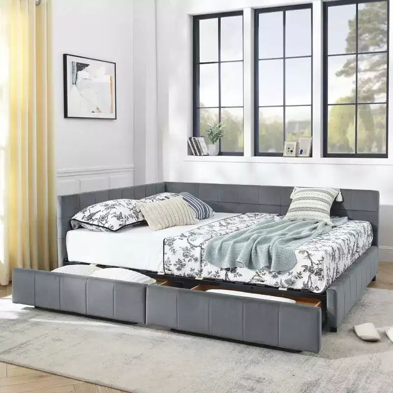 MAYEERTY Letto imbottito Queen Size con vano contenitore, testiera e braccioli, per camera da letto, Grigio