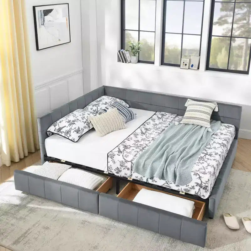 MAYEERTY Letto imbottito Queen Size con vano contenitore, testiera e braccioli, per camera da letto, Grigio