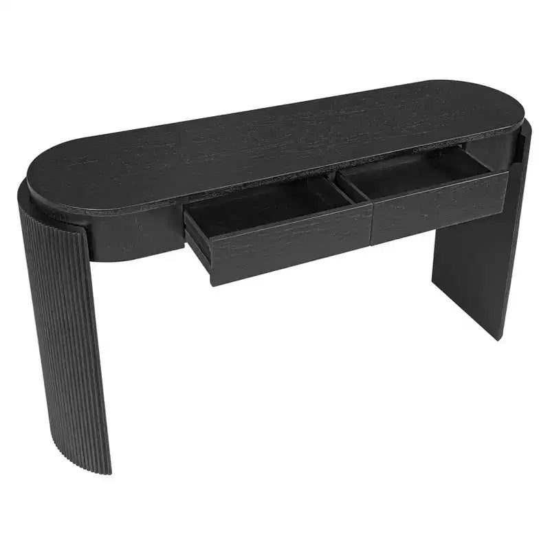 Consolle da ingresso con finitura effetto legno naturale, design scanalato, piano ovale e 2 cassetti, tavolo contenitore per ingresso o soggiorno, nera