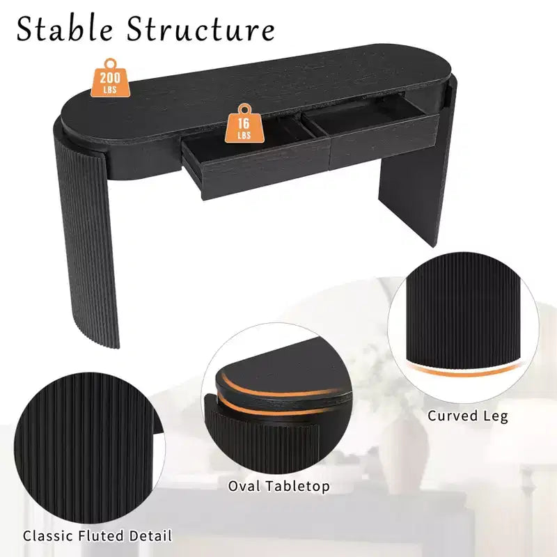 Consolle da ingresso con finitura effetto legno naturale, design scanalato, piano ovale e 2 cassetti, tavolo contenitore per ingresso o soggiorno, nera