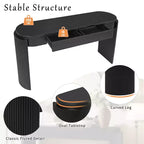 Consolle da ingresso con finitura effetto legno naturale, design scanalato, piano ovale e 2 cassetti, tavolo contenitore per ingresso o soggiorno, nera