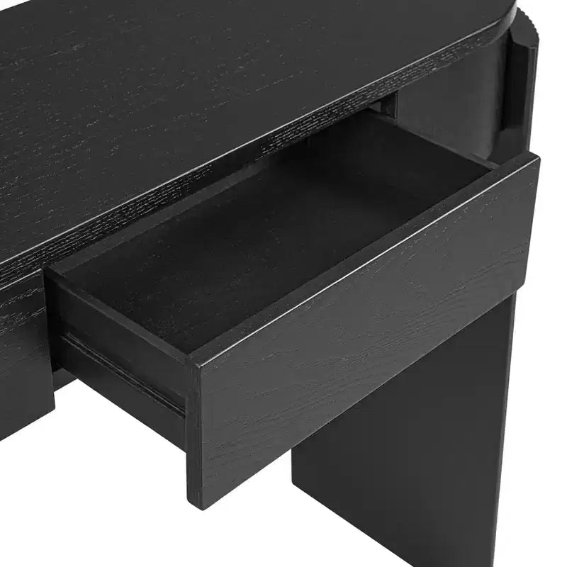 Consolle da ingresso con finitura effetto legno naturale, design scanalato, piano ovale e 2 cassetti, tavolo contenitore per ingresso o soggiorno, nera
