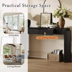 Consolle da ingresso con finitura effetto legno naturale, design scanalato, piano ovale e 2 cassetti, tavolo contenitore per ingresso o soggiorno, nera