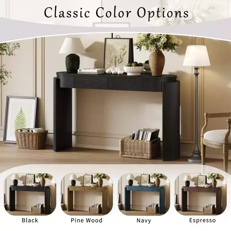Consolle da ingresso con finitura effetto legno naturale, design scanalato, piano ovale e 2 cassetti, tavolo contenitore per ingresso o soggiorno, nera