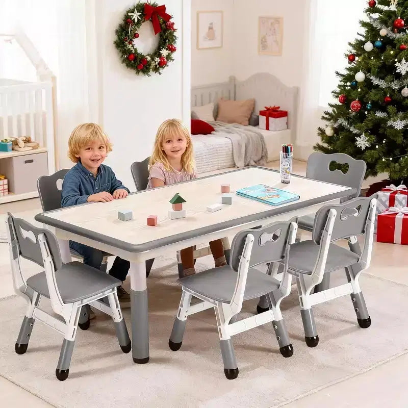Set Tavolo e Sedie per Bambini, Tavolo da Disegno e Artigianato per Bambini Regolabile in Altezza con 6 Sedie per Età 2-10 Anni, Max 136 kg, Tavolo Attività per Bambini per Aula, Casa