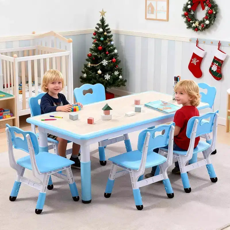 Set Tavolo e Sedie per Bambini, Tavolo da Disegno e Artigianato per Bambini Regolabile in Altezza con 6 Sedie per Età 2-10 Anni, Max 136 kg, Tavolo Attività per Bambini per Aula, Casa