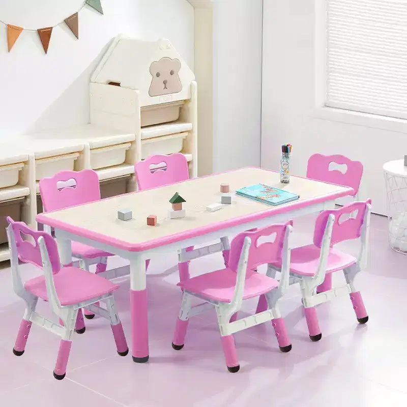 Set Tavolo e Sedie per Bambini, Tavolo da Disegno e Artigianato per Bambini Regolabile in Altezza con 6 Sedie per Età 2-10 Anni, Max 136 kg, Tavolo Attività per Bambini per Aula, Casa