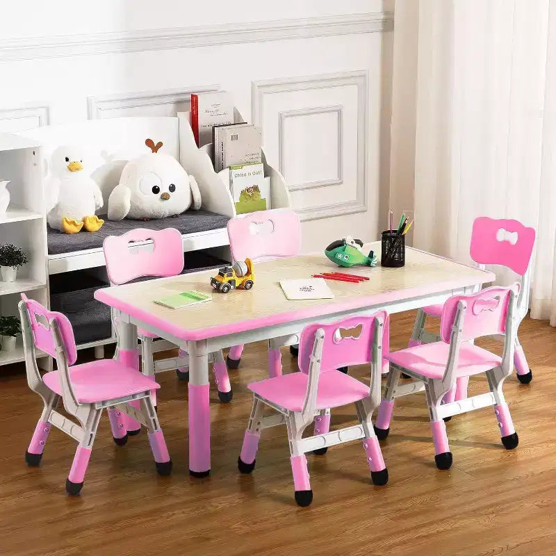 Set Tavolo e Sedie per Bambini, Tavolo da Disegno e Artigianato per Bambini Regolabile in Altezza con 6 Sedie per Età 2-10 Anni, Max 136 kg, Tavolo Attività per Bambini per Aula, Casa