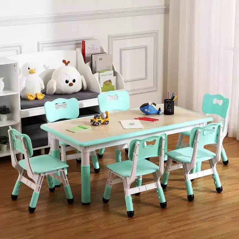 Set Tavolo e Sedie per Bambini, Tavolo da Disegno e Artigianato per Bambini Regolabile in Altezza con 6 Sedie per Età 2-10 Anni, Max 136 kg, Tavolo Attività per Bambini per Aula, Casa
