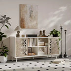 Buffet en bois dur de style médiéval avec portes coulissantes, parfait comme meuble TV, rangement ou armoire décorative dans le salon.