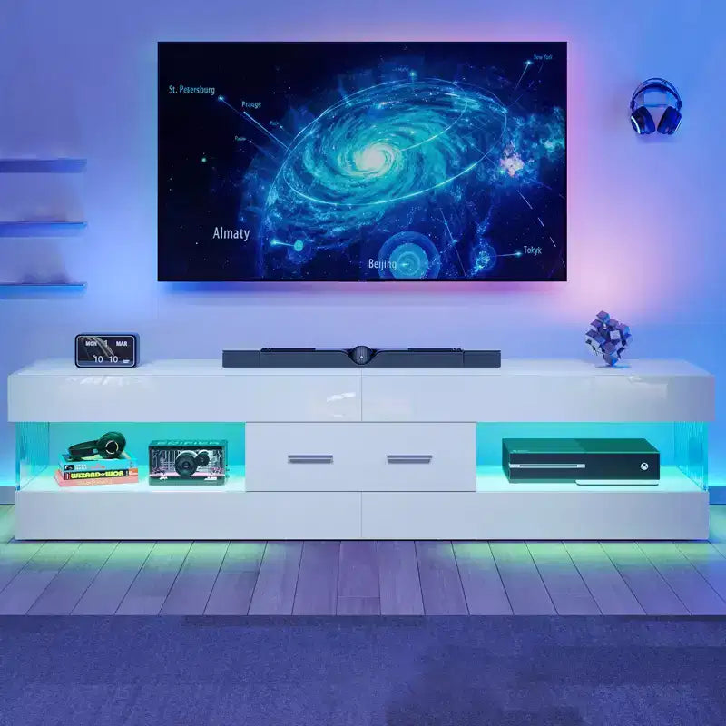 Bestier Mobile TV da gaming da 67 pollici per TV fino a 75 pollici, mobile TV LED lucido con cassetto portaoggetti e ripiani aperti