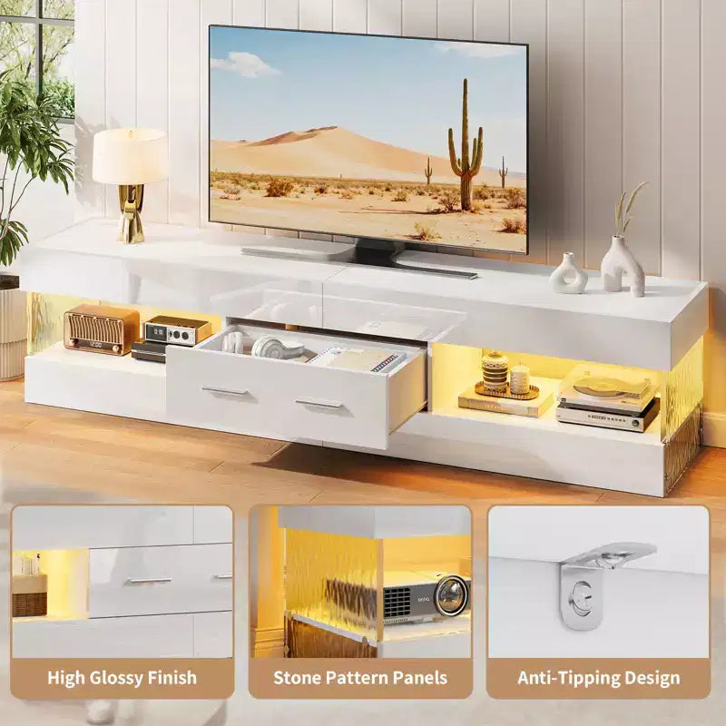Bestier Mobile TV da gaming da 67 pollici per TV fino a 75 pollici, mobile TV LED lucido con cassetto portaoggetti e ripiani aperti