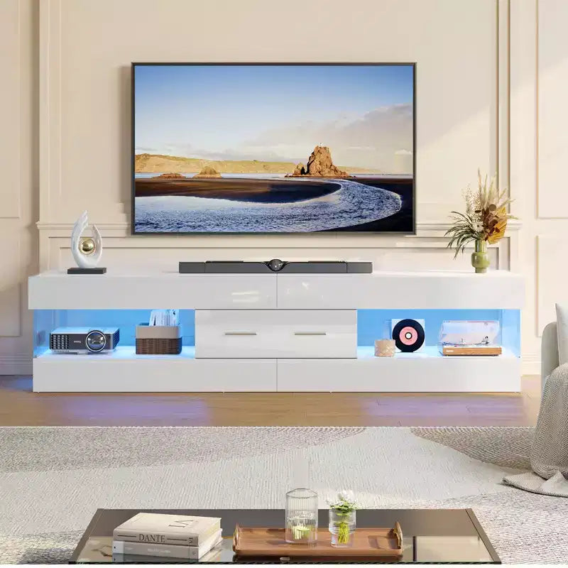 Bestier Mobile TV da gaming da 67 pollici per TV fino a 75 pollici, mobile TV LED lucido con cassetto portaoggetti e ripiani aperti