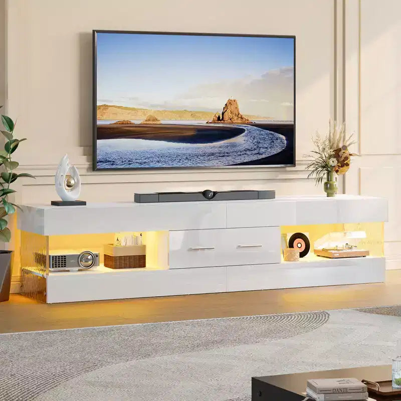 Bestier Mobile TV da gaming da 67 pollici per TV fino a 75 pollici, mobile TV LED lucido con cassetto portaoggetti e ripiani aperti