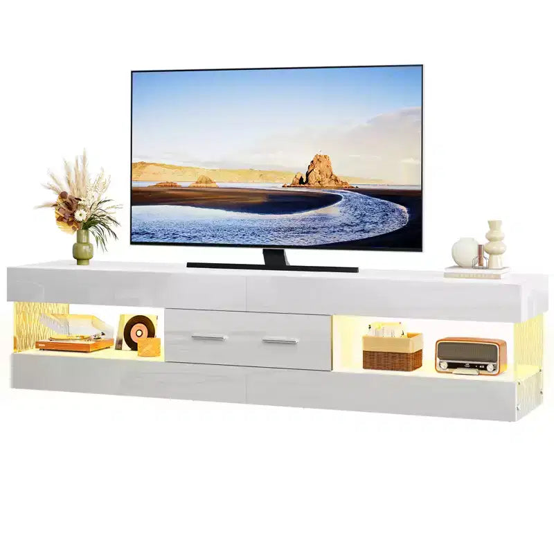Bestier Mobile TV da gaming da 67 pollici per TV fino a 75 pollici, mobile TV LED lucido con cassetto portaoggetti e ripiani aperti