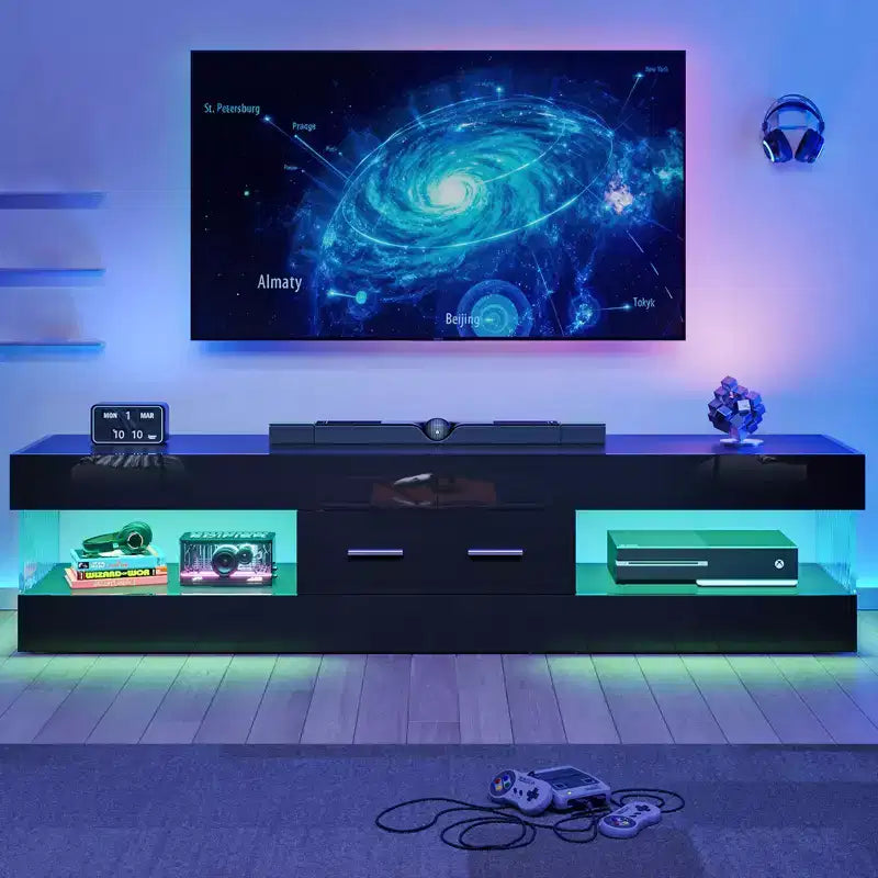 Bestier Mobile TV da gaming da 67 pollici per TV fino a 75 pollici, mobile TV LED lucido con cassetto portaoggetti e ripiani aperti