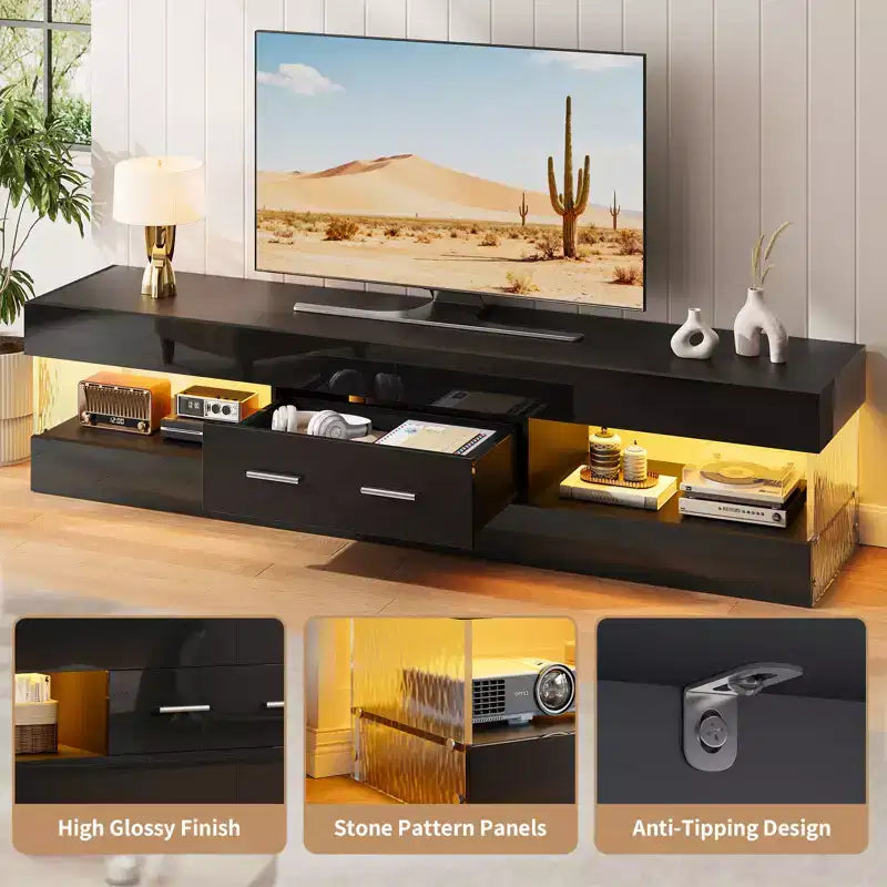 Bestier Mobile TV da gaming da 67 pollici per TV fino a 75 pollici, mobile TV LED lucido con cassetto portaoggetti e ripiani aperti