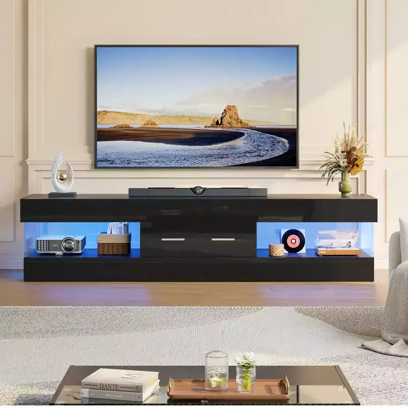 Bestier Mobile TV da gaming da 67 pollici per TV fino a 75 pollici, mobile TV LED lucido con cassetto portaoggetti e ripiani aperti