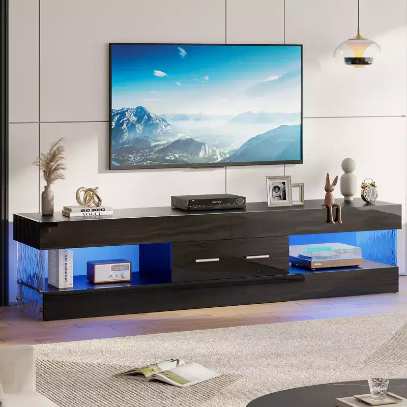 Bestier Mobile TV da gaming da 67 pollici per TV fino a 75 pollici, mobile TV LED lucido con cassetto portaoggetti e ripiani aperti