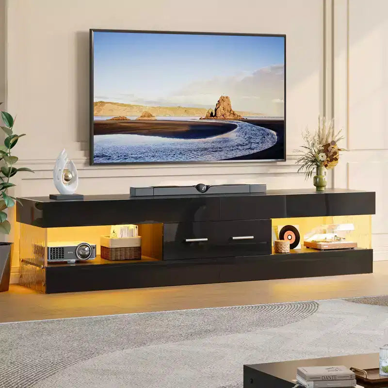 Bestier Mobile TV da gaming da 67 pollici per TV fino a 75 pollici, mobile TV LED lucido con cassetto portaoggetti e ripiani aperti