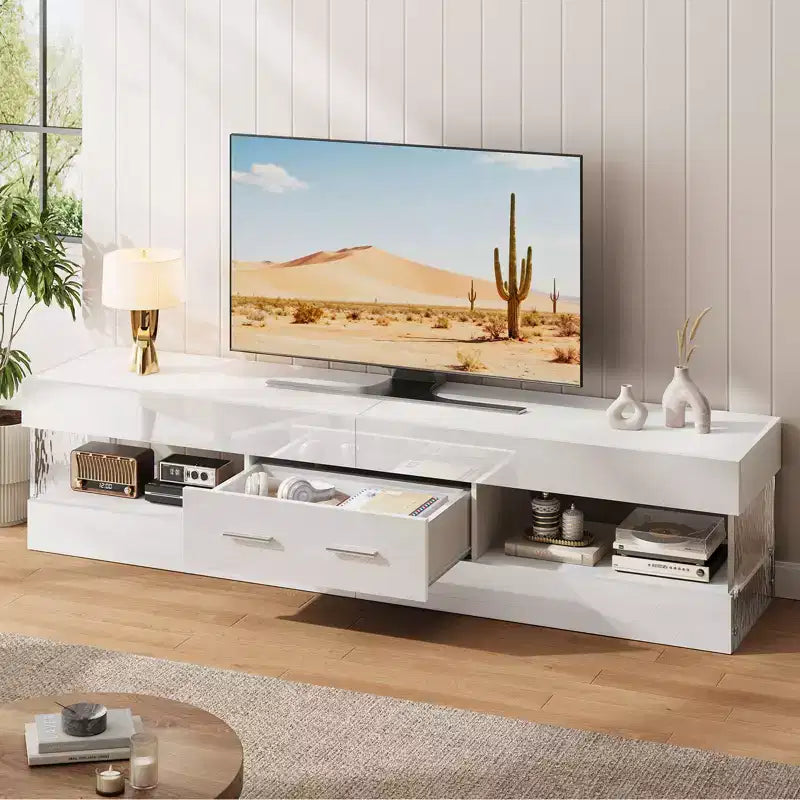 Bestier Mobile TV da gaming da 67 pollici per TV fino a 75 pollici, mobile TV LED lucido con cassetto portaoggetti e ripiani aperti