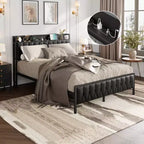 Bed Frame with Charging Station, All-Metal Platform Bed Frame with Storage Faux Leather Button Headboard and Footboard, No Box Spring Needed, Black