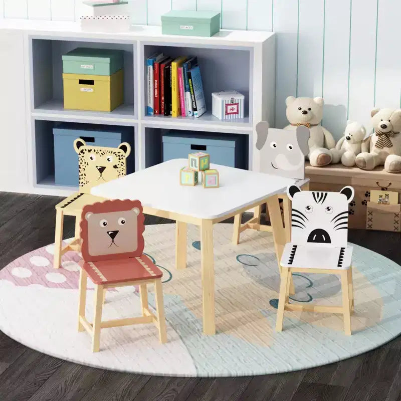 Set Tavolo e 4 Sedie per Bambini, Tavolo in Legno con 4 Sedie, Animali del Fumetto (tavolo più grande) (3-8 anni)