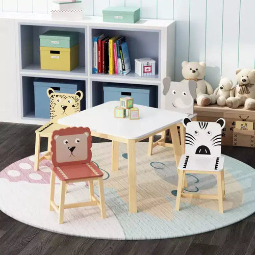 Set Tavolo e 4 Sedie per Bambini, Tavolo in Legno con 4 Sedie, Animali del Fumetto (tavolo più grande) (3-8 anni)