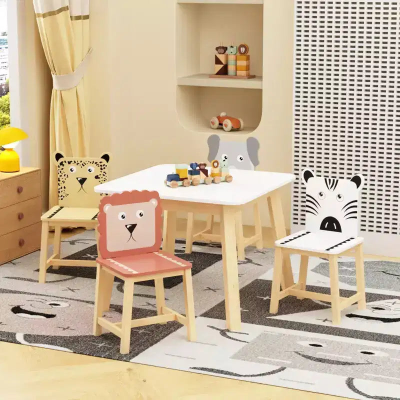 Set Tavolo e 4 Sedie per Bambini, Tavolo in Legno con 4 Sedie, Animali del Fumetto (tavolo più grande) (3-8 anni)