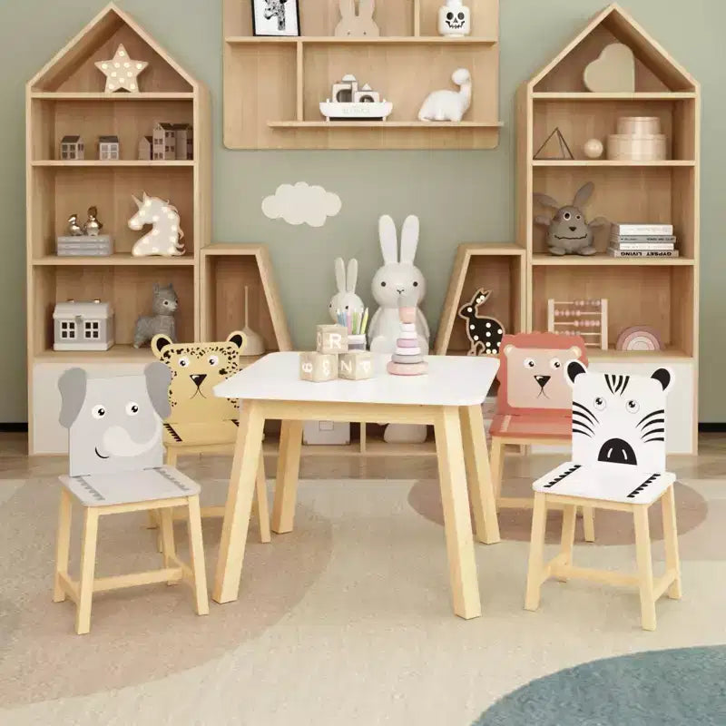 Set Tavolo e 4 Sedie per Bambini, Tavolo in Legno con 4 Sedie, Animali del Fumetto (tavolo più grande) (3-8 anni)
